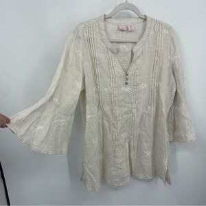 St. Tropez West 100% Linen Tan Stripe 3/4 bell sleeve Embroidered Shirt sz M